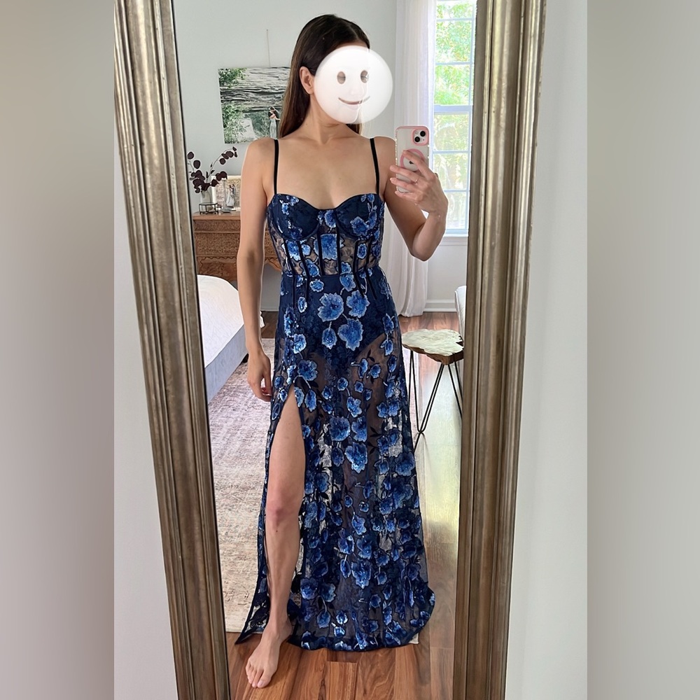 For Love & Lemons Victoria Embroidered Sequin Maxi Dress in Blue